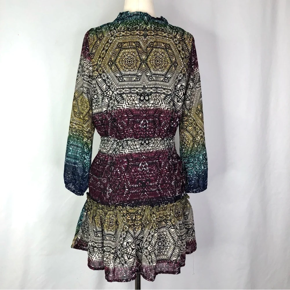Ella Moss dress geometric jewel-tone ombre stripe chiffon ruffle bottom 12